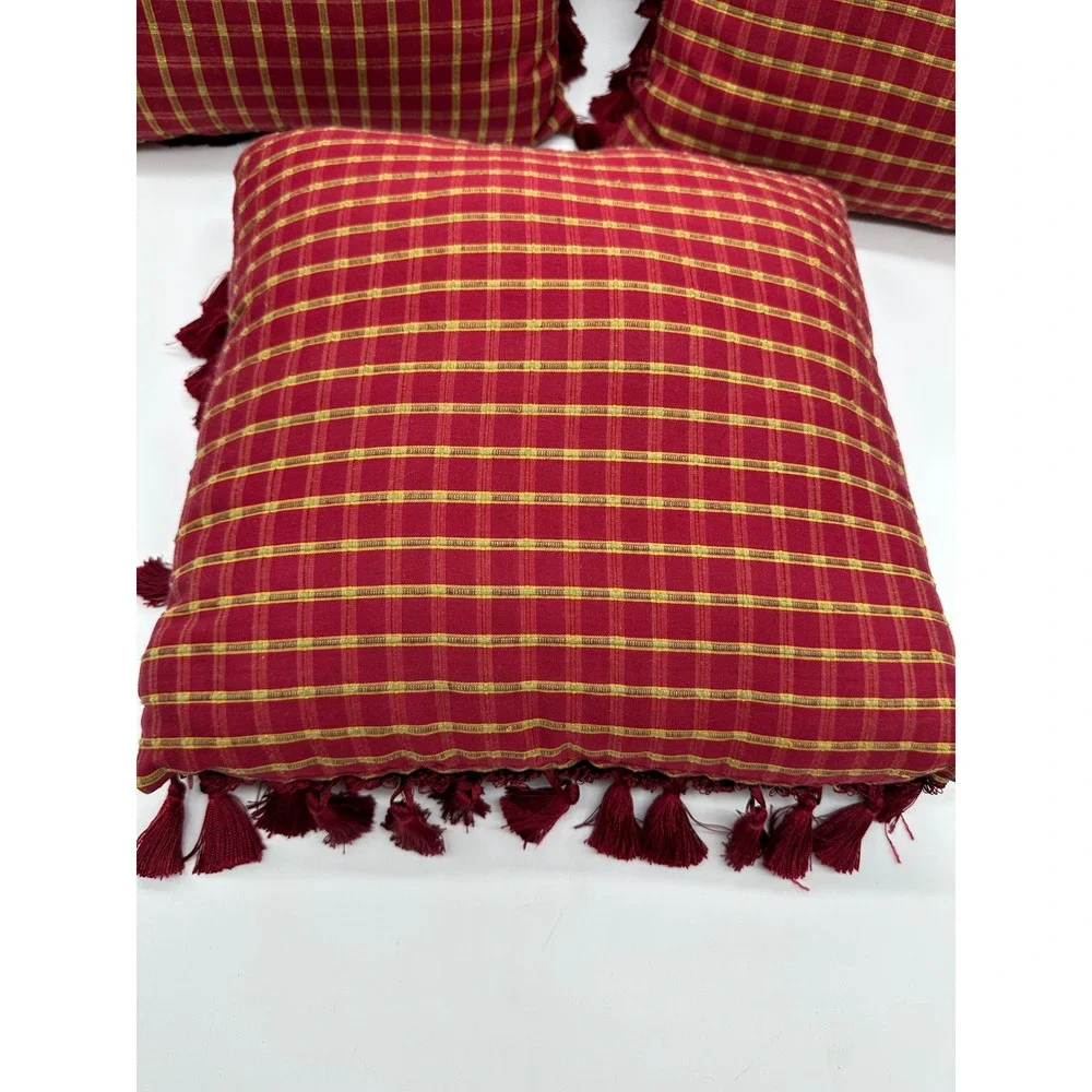 Set of 3 Christmas Poinsettia Needlepoint Throw Pillows Red Plaid Tassel Trim